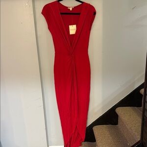 Rolla Coster Red Ruched Maxi Dress with Plunge Neckline